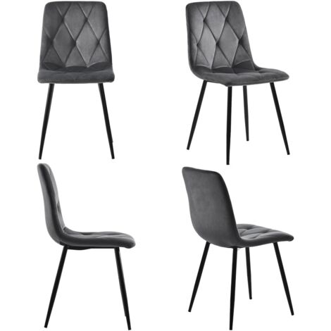 Chaise gris foncé en velours sergé - Ensemble de 4 rembourrées avec dossier - Cadre et pieds métal - Design élégant pour salle à manger/cuisine (1/5)