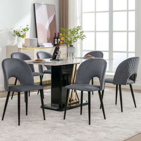 6 chaises design velours gris - Dossier motif losange - Structure métal - Pieds réglables - Salle à manger (1/5)