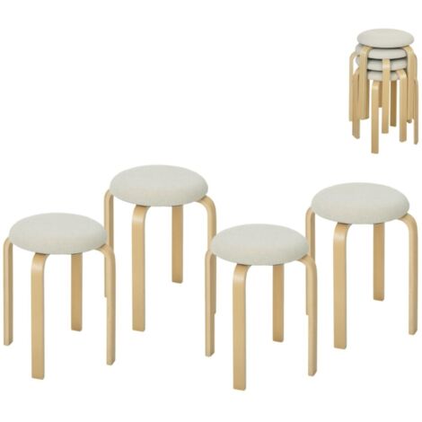 Chaise empilable effet lin - 4 tabourets rembourrés - Blanc crème - Compacte cuisine/salon (1/5)