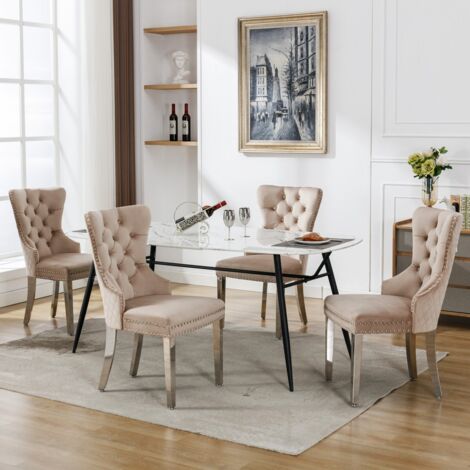 4 chaises de salle à manger velours beige - Rembourrage clouté - Pieds métal - Dossier avec heurtoir - Cuisine/salon (1/5)