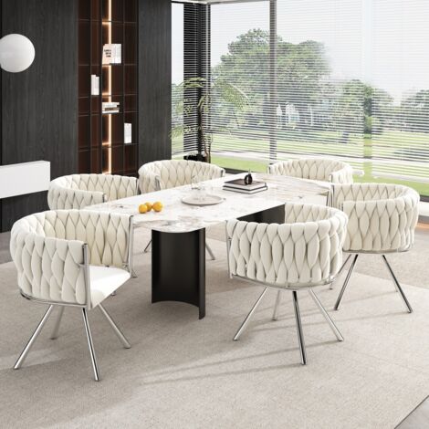 Lot de 6 chaises pivotantes en velours beige & argent - Design luxe pour salon/chambre - Structure métal, 4 pieds (1/5)