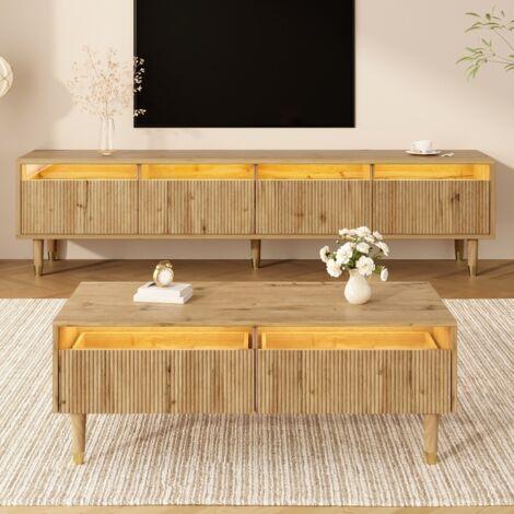 Ensemble de meubles de salon LED moderne - Meuble TV 4 portes + table basse 2 tiroirs - Design or/bois - Structure ondulée acrylique élégante