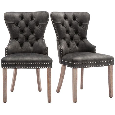 2 chaises velours gris cloutées - Salle à manger/cuisine - Dossier design avec heurtoir, pieds bois massif - Rembourrées (1/5)
