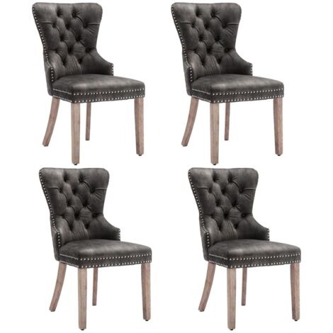 4 chaises velours gris cloutées - Salle à manger/cuisine - Dossier design avec heurtoir, pieds bois massif - Rembourrées (1/5)