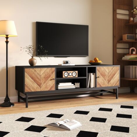 Meuble TV 150cm noir/bois, rangement polyvalent (armoires + compartiments), design moderne & minimaliste pour salon (1/5)