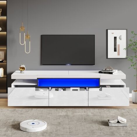 Meuble TV blanc brillant 160x39x42cm avec LED 16 couleurs, 3 tiroirs, espace pour TV 70", design élégant pour salon (1/5)