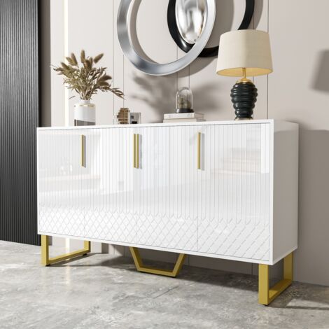 Buffet brillant 4 portes - Design géométrique blanc - Poignées & pieds métal - 140x40x80cm (1/5)