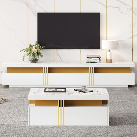 Ensemble de meubles de salon blanc – Meuble TV mural 200x40x42cm et table basse 100x50x40cm – Rangement multifonctionnel moderne (1/5)