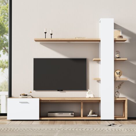 Ensemble de meubles de salon mural 180x33.5x151.5cm (meuble TV lowboard blanc chêne), pour TV 60", design moderne (1/5)
