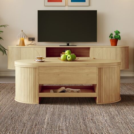 Table basse relevable multifonction - côtés bois incurvés + étagère coulissante - plateau ajustable - design salon (1/5)