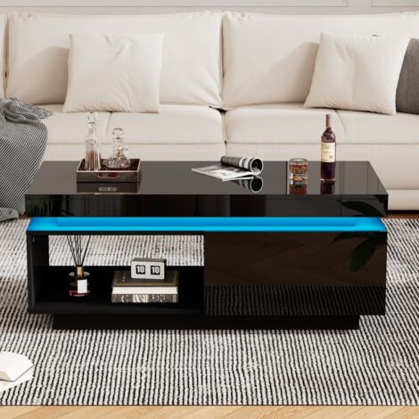 Table basse brillante 100x50x40,3cm - LED - tiroir - charge 50kg - design élégant & moderne (1/5)