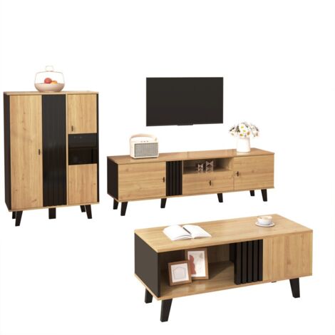 Ensemble de meubles de salon 3 pièces (table basse/meuble TV/buffet) - design bois & noir - rangement spacieux