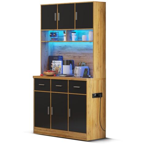 Buffet multifonction 100x40x180cm - LED télécommandé, tiroirs & étagères réglables - Idéal cuisine/salle à manger Naturel&Noir (1/5)