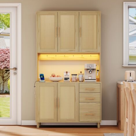 Buffet cuisine 183cm LED connecté - 2 USB + 2 prises - 3 tiroirs & étagères réglables - Poignées or - Naturel