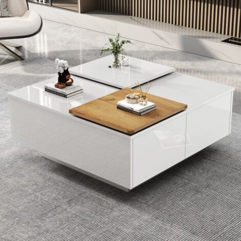 Table basse blanche carrée brillante 75x75x33.5cm avec étagère, plateau coulissant, capacité 30kg, design bois moderne pour salon fonctionnel et élégant (1/5)