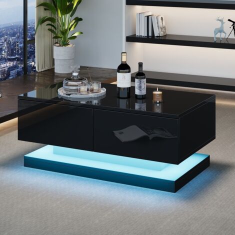 Table basse noire brillante 90x50x38cm avec 2 tiroirs, éclairage LED contrôlé par application mobile, multifonction pour canapé et salon design contemporain (1/5)