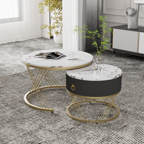 Table basse élégante set de 2 - effet pierre noble avec décor doré, tiroirs pratiques, design modulable pour salon (1/5)