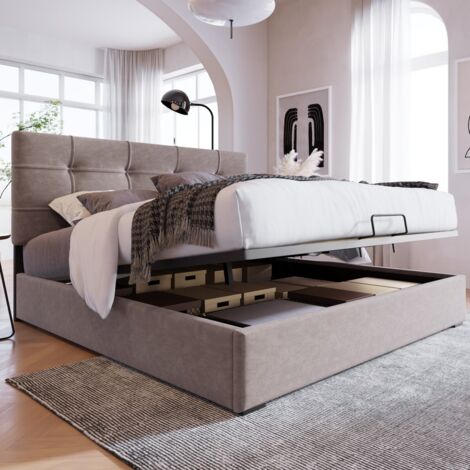 Lit double 140x200 coffre hydraulique velours gris clair, tête de lit réglable et sommier métal inclus. Design moderne (Sans matelas) (1/5)