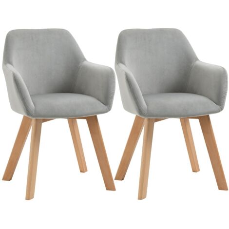 Fauteuils de salle à manger ensemble de 2 avec accoudoirs, dossier rembourré aspect velours et pieds en bois, couleur grise, design élégant. (1/5)