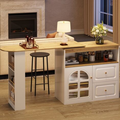 Meuble bar pivotant 360° blanc avec 2 tiroirs – Rangement ouvert et étagère snack – Longueur ajustable 138 à 204 cm – Design moderne pour salon