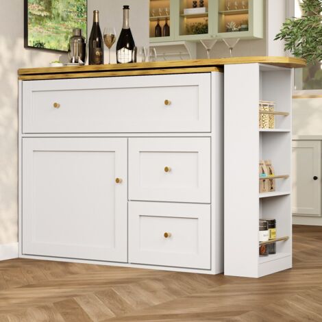 Table de salle à manger extensible 138-204cm avec rangement intégré, table haute et îlot cuisine multifonction, buffet avec étagère pratique, couleur blanc