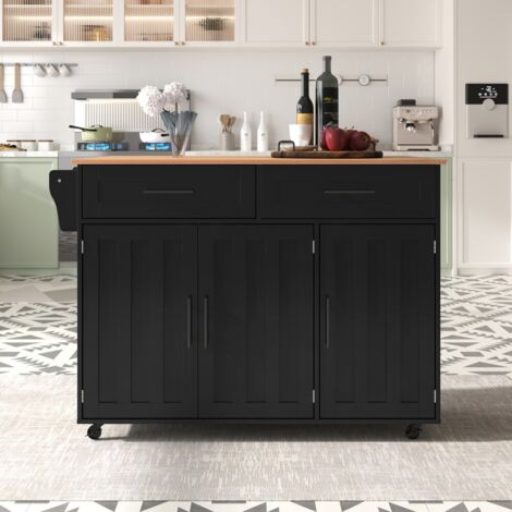 Desserte de cuisine chariot noir 129x46x91cm avec plateau pliant bois massif, porte rangement et pieds bois, idéale pour salle à manger et usage domestique. (1/5)