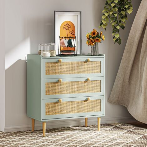 Commode 3 tiroirs style boho aspect rotin bleu clair 80x40x87.5 cm pour salon ou chambre rangement fonctionnel et design sans éclairage (1/5)