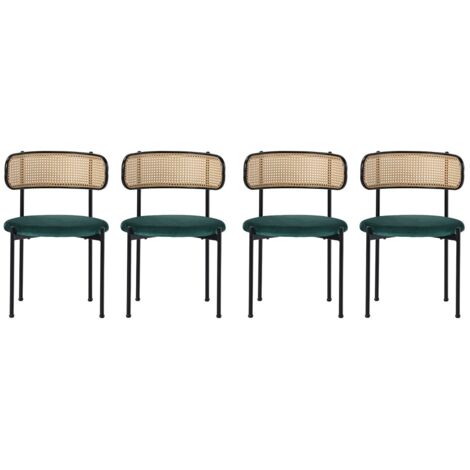 Chaise de salle à manger en velours vert, design moderne avec structure métal et détails rotin, confortable pour salon et chambre, ensemble de 4 chaises élégantes et fonctionnelles (1/5)