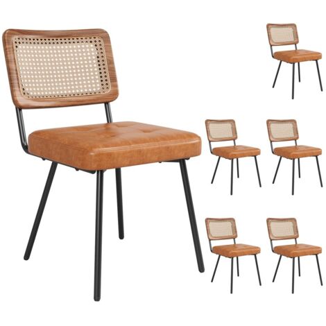 Chaise de salle à manger en similicuir, design rétro avec détails rotin, ergonomique et légère, idéale pour vanity et détente, pack de 6 chaises élégantes (1/5)