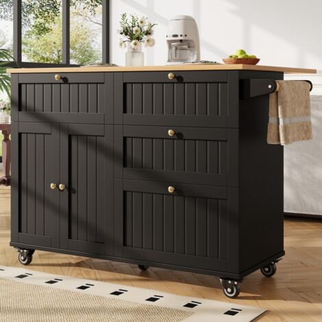 Desserte de cuisine multifonction noire avec îlot, rangement extensible, chariot mobile en bois, table et buffet intégrés, design moderne pour salle à manger (1/5)
