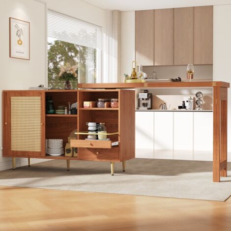 Table haute extensible 107-187cm – Meuble bar pivotant 360° – Rangement avec porte en cannage et étagère ouverte – Design contemporain marron (1/5)