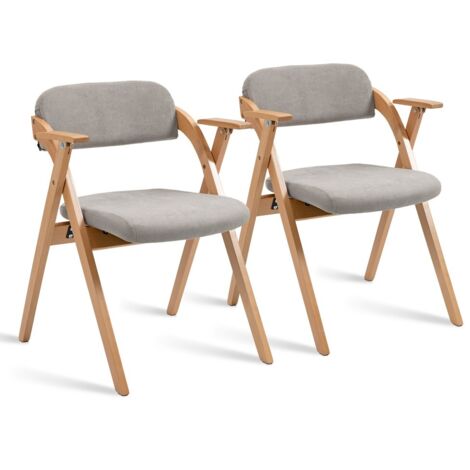 Chaise pliante empilable avec accoudoirs – Ensemble de 2 chaises en bois massif – Siège rembourré – Hauteur d'assise 45 cm – Couleur gris