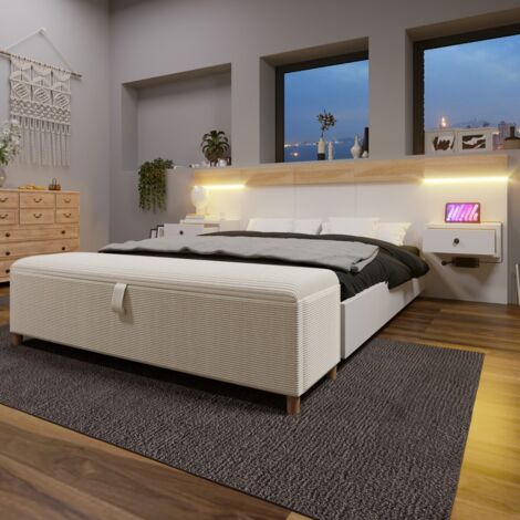 Ensemble lit double 140x200 avec 2 chevets LED/USB-C + 145x38cm banquette rangement - Chêne Sonoma/blanc - (sans matelas)