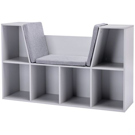 Bibliothèque, étagère enfant avec pouf et 6 casiers - Banc coffre à jouets 3 coussins inclus - Dimensions 103x30x62cm - Rangement organisé pour enfants dès 3 ans - Design pratique couleur grise