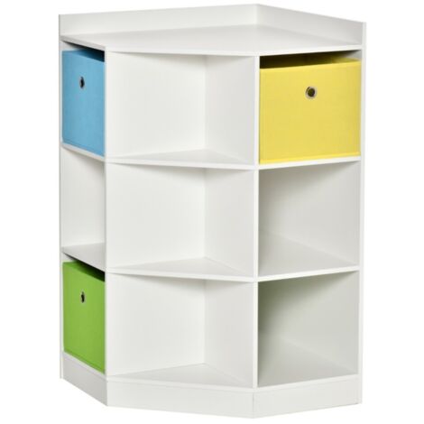 Bibliothèque, étagère d'angle enfant blanche avec 3 bacs de rangement - Organisateur de jouets pour 3-12 ans - Dimensions 57.4x57.4x94cm - Structure robuste et sécurisée - Idéale pour chambre et salle