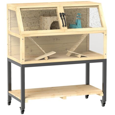Cage pour hamster nain en bois 87x43x101cm avec roue bac rangement bouteille d'eau cabane et balançoires pour souris ou autres petits rongeurs