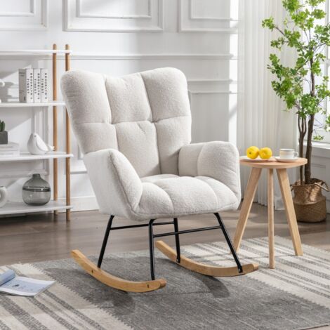 Fauteuil à bascule moderne en teddy blanc capitonné - Siège très rembourré pour un confort optimal - Design intemporel pour salon ou chambre (1/5)