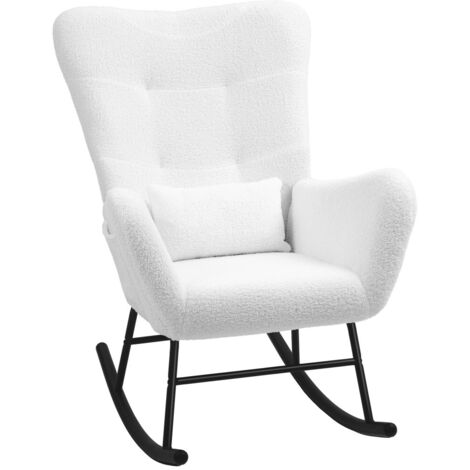 Fauteuil à bascule en tissu peluche blanc avec accoudoirs, coussin lombaire et poche latérale. Confort assuré avec patins bois pour salon ou chambre (1/5)