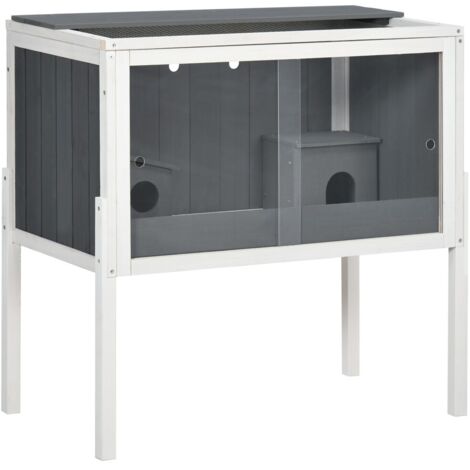 Cage pour rongeur grande cage bois 82x45x81cm grise avec 2 maisons et accessoires pour hamsters nains et petits animaux