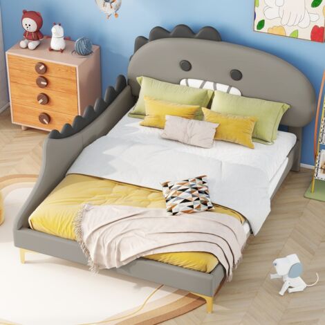 Lit enfant dinosaure 140x200 - Structure originale thème cartoon - Rembourrage PU - gris - Design plat sécurisé (sans Matelas)
