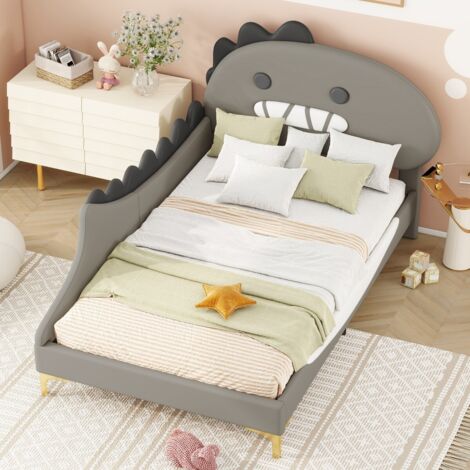 Lit enfant dinosaure 90x200 - Structure originale thème cartoon - Rembourrage PU - gris - Design plat sécurisé (sans Matelas)