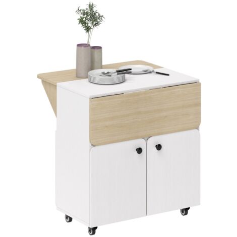 Desserte de Cuisine Pliante sur Chariot avec Plateau Rabattable et Rangement 4 Roulettes Bois Naturel et Blanc 70x83x75 cm (1/5)