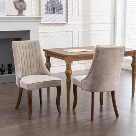 Chaise Salle à Manger en Lin et Velours Rayon Accoudoirs Rembourrés Pieds Bois Massif Courbés Confortable Beige