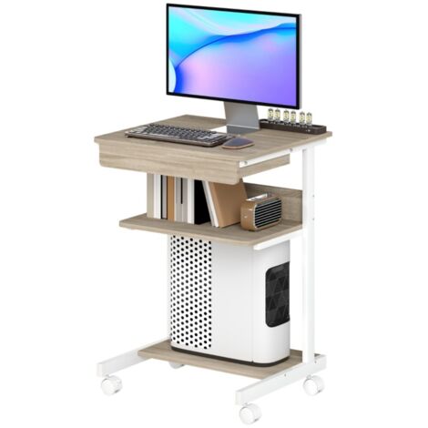 Bureau compact roulant avec tiroir étagères 4 roulettes en panneau de particules et métal pour rangement (1/5)