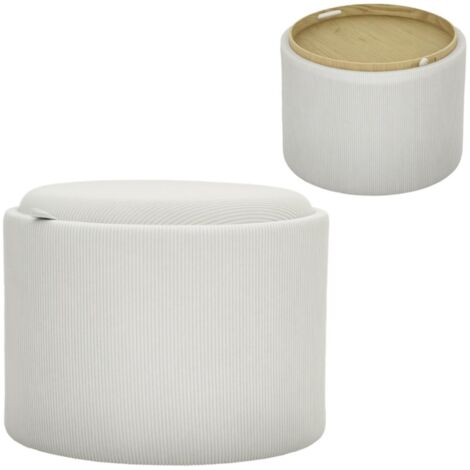 Tabouret repose-pied pouf de rangement avec couvercle rond table basse rembourrée velours côtelé 56x56x42 cm couleur crème (1/5)