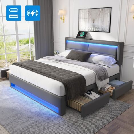 Lit Double 140x190 avec charge USB (filaire/sans fil), LED et 4 tiroirs - Rembourré motif litchi PU, gris (sans matelas) (1/5)