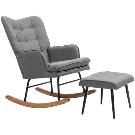 Fauteuil à bascule avec repose-pieds intégré - Accoudoirs imitation lin - Confort et détente absolus - Supporte 130 kg Pour salon (1/5)