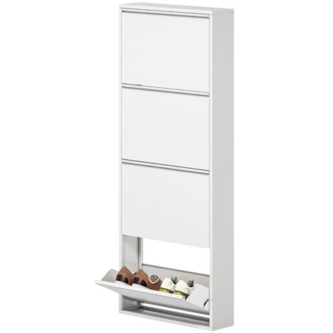 Meuble à Chaussures Étroit 4 Abattants - Rangement 8 Paires, Métal Blanc - Pour Entrée/Couloir - 55x15x139.5 cm (1/5)