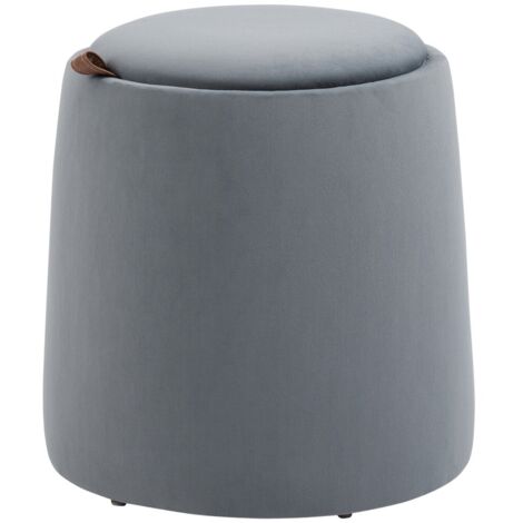 Pouf, repose-pied, tabouret 2-en-1 avec rangement intégré et couvercle amovible en velours gris Ø44 cm pour salon séjour (1/5)