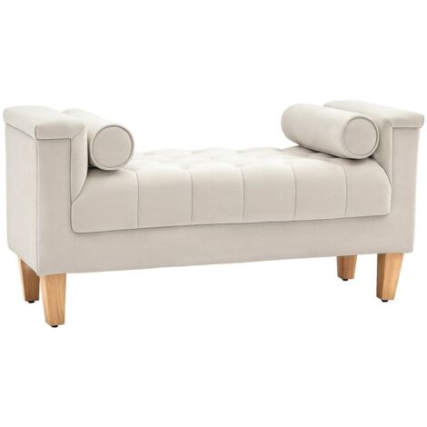 Bout de Lit avec Accoudoirs et 2 Coussins - Structure Bois, Tissu Chenille Beige - 115x44x58 cm (LxPxH) (1/5)